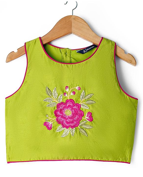 Pine Kids Viscose Woven Sleeveless Choli Lehenga Set with Dupatta & Floral Embroidery - Light Green & Dark Pink