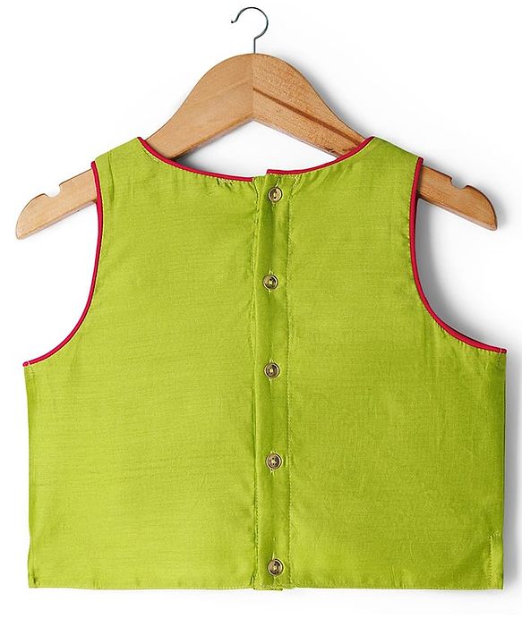 Pine Kids Viscose Woven Sleeveless Choli Lehenga Set with Dupatta & Floral Embroidery - Light Green & Dark Pink