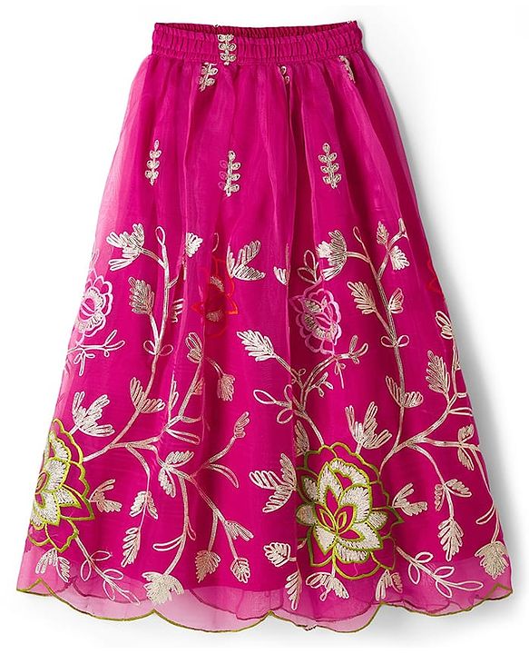 Pine Kids Viscose Woven Sleeveless Choli Lehenga Set with Dupatta & Floral Embroidery - Light Green & Dark Pink
