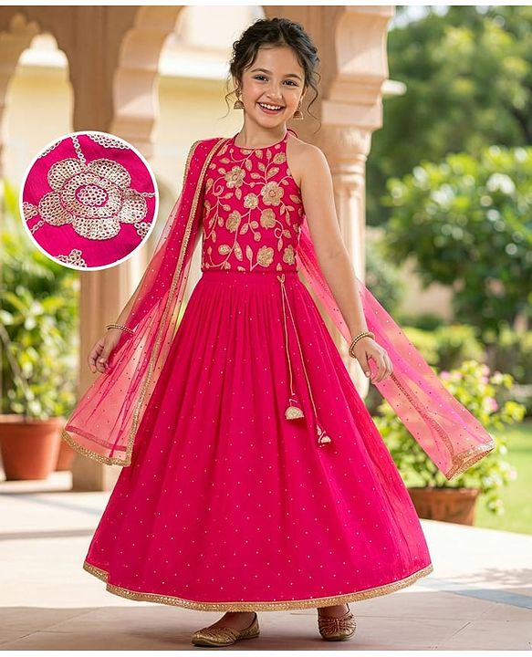 Pine Kids Woven Sleeveless Choli Lehenga Set Dupatta Floral Sequin Detailing - Dark Pink