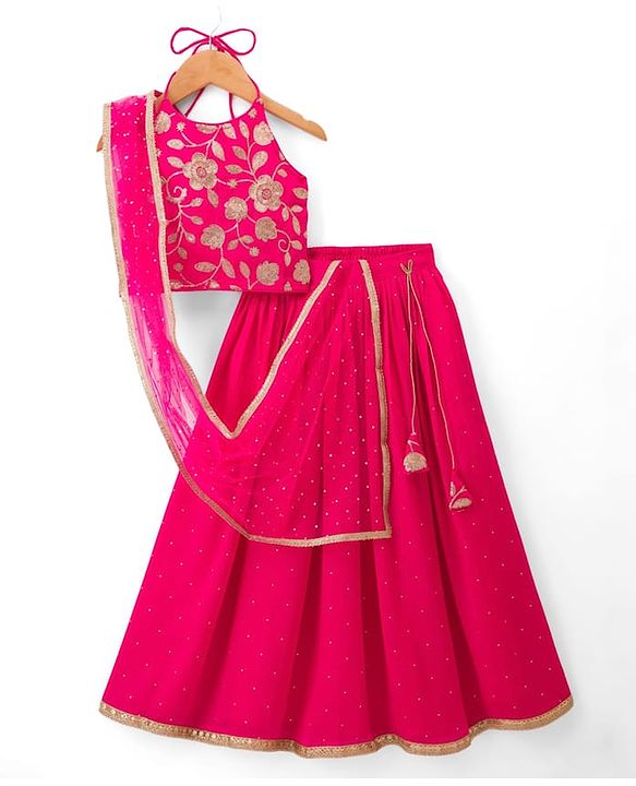 Pine Kids Woven Sleeveless Choli Lehenga Set Dupatta Floral Sequin Detailing - Dark Pink