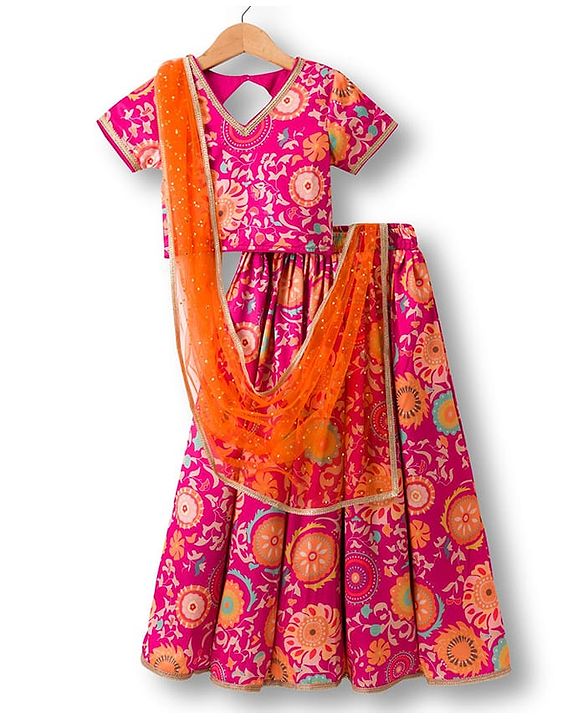 Pine Kids Woven Half Sleeves Lehenga Choli Set With Floral Print & Dupatta - Dark Pink