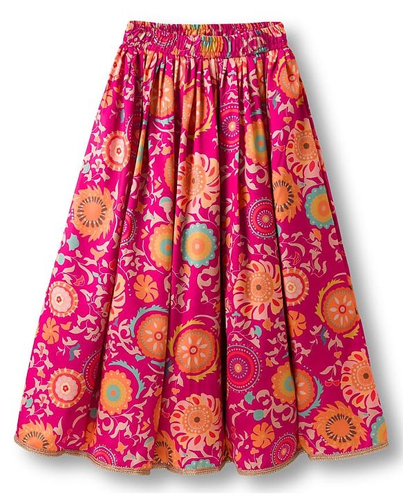 Pine Kids Woven Half Sleeves Lehenga Choli Set With Floral Print & Dupatta - Dark Pink