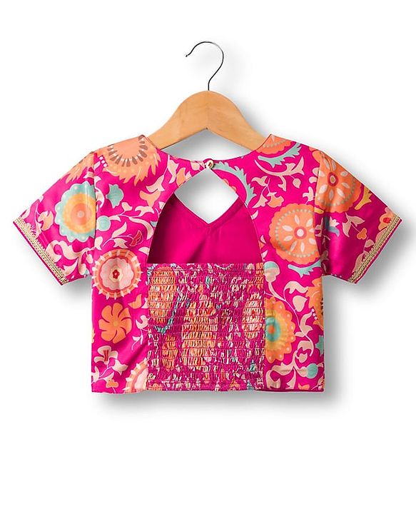 Pine Kids Woven Half Sleeves Lehenga Choli Set With Floral Print & Dupatta - Dark Pink