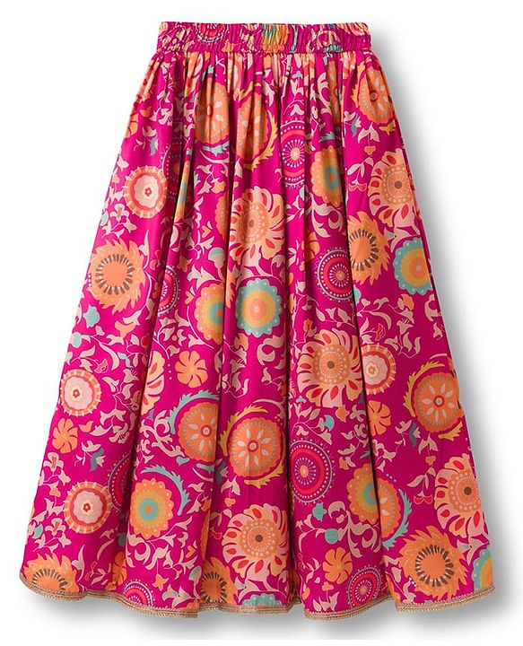 Pine Kids Woven Half Sleeves Lehenga Choli Set With Floral Print & Dupatta - Dark Pink