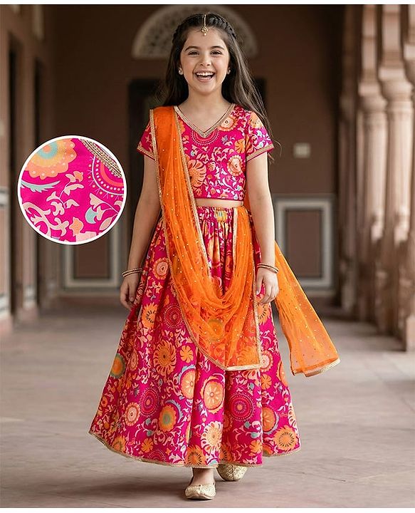 Pine Kids Woven Half Sleeves Lehenga Choli Set With Floral Print & Dupatta - Dark Pink