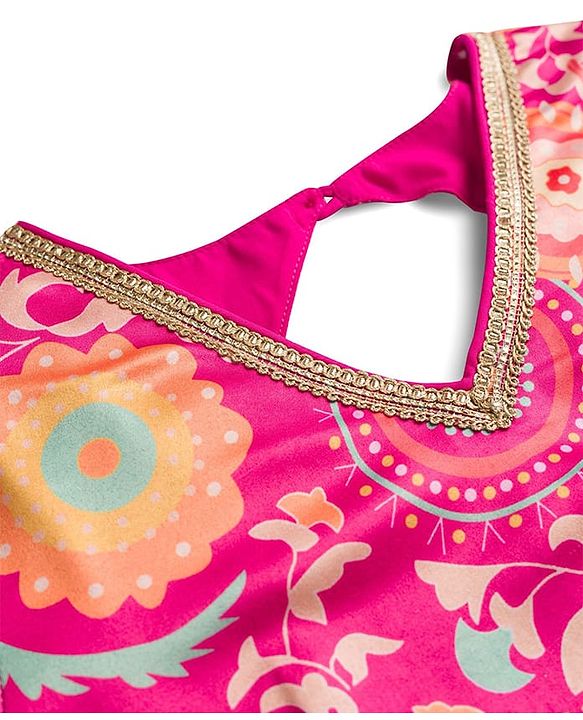 Pine Kids Woven Half Sleeves Lehenga Choli Set With Floral Print & Dupatta - Dark Pink