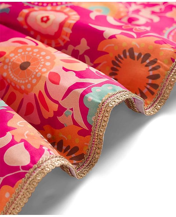 Pine Kids Woven Half Sleeves Lehenga Choli Set With Floral Print & Dupatta - Dark Pink