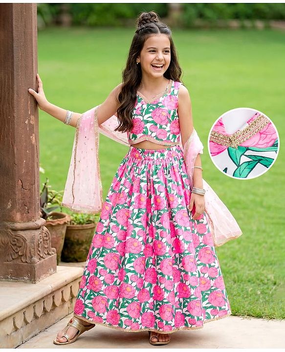Pine Kids Woven Sleeveless Floral Printed Choli Lehenga Set With Dupatta - Multicolour
