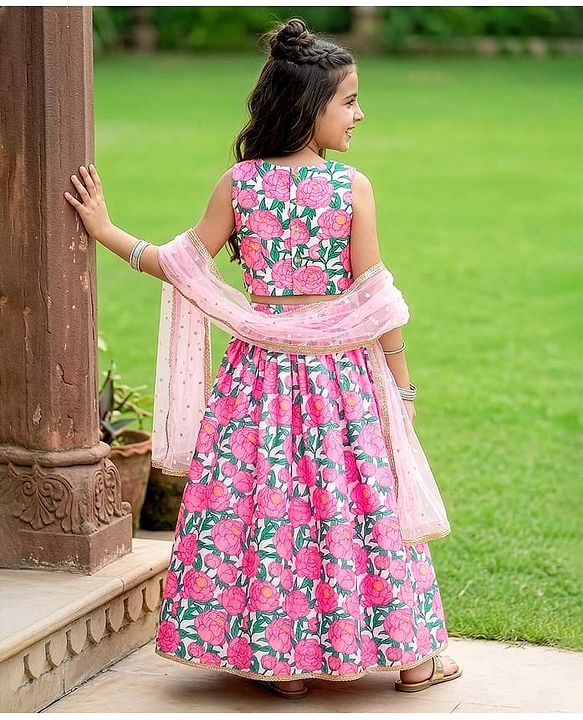 Pine Kids Woven Sleeveless Floral Printed Choli Lehenga Set With Dupatta - Multicolour