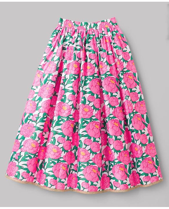 Pine Kids Woven Sleeveless Floral Printed Choli Lehenga Set With Dupatta - Multicolour