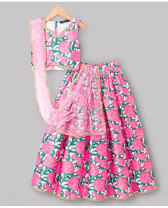 Pine Kids Woven Sleeveless Floral Printed Choli Lehenga Set With Dupatta - Multicolour