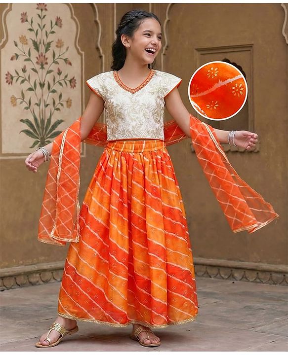 Pine Kids Woven Half Sleeves Lehenga Choli Set With Floral Embroidery & Dupatta - White & Orange