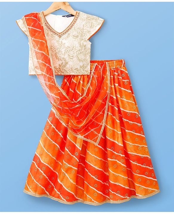 Pine Kids Woven Half Sleeves Lehenga Choli Set With Floral Embroidery & Dupatta - White & Orange