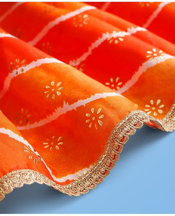 Pine Kids Woven Half Sleeves Lehenga Choli Set With Floral Embroidery & Dupatta - White & Orange