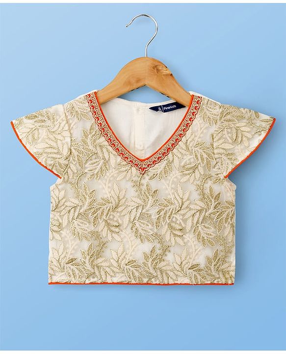 Pine Kids Woven Half Sleeves Lehenga Choli Set With Floral Embroidery & Dupatta - White & Orange