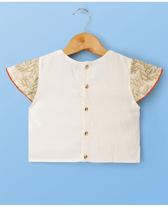 Pine Kids Woven Half Sleeves Lehenga Choli Set With Floral Embroidery & Dupatta - White & Orange