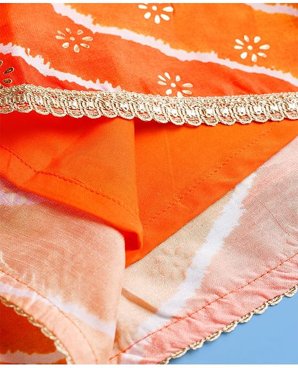 Pine Kids Woven Half Sleeves Lehenga Choli Set With Floral Embroidery & Dupatta - White & Orange