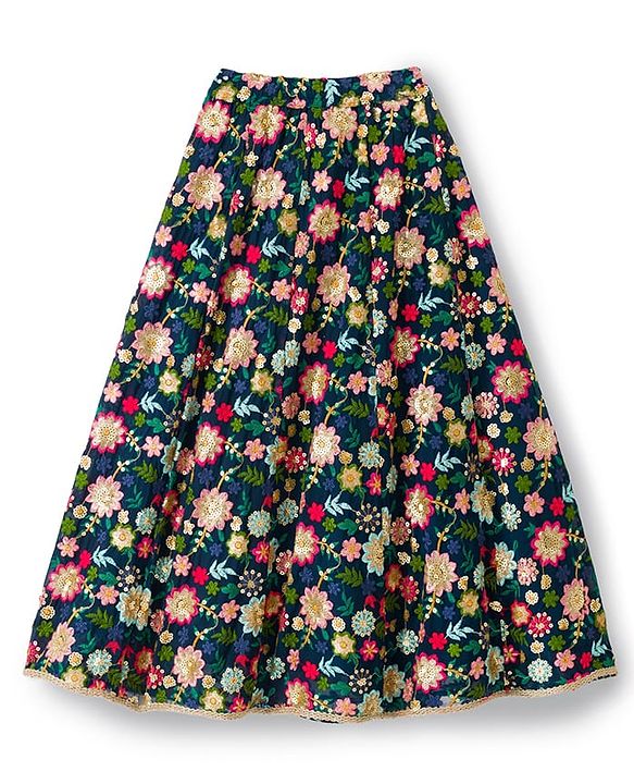 Pine Kids Woven Sleeveless Floral Embroidered Choli Lehenga Set with Sequin & Lace Detailing - Navy Blue