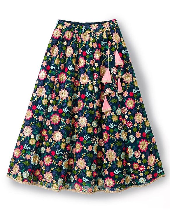 Pine Kids Woven Sleeveless Floral Embroidered Choli Lehenga Set with Sequin & Lace Detailing - Navy Blue
