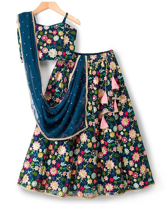 Pine Kids Woven Sleeveless Floral Embroidered Choli Lehenga Set with Sequin & Lace Detailing - Navy Blue