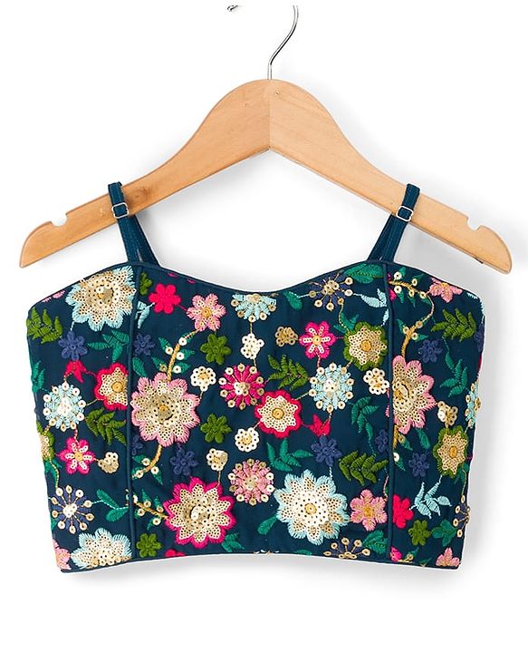 Pine Kids Woven Sleeveless Floral Embroidered Choli Lehenga Set with Sequin & Lace Detailing - Navy Blue