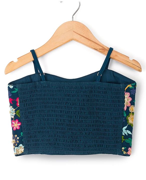 Pine Kids Woven Sleeveless Floral Embroidered Choli Lehenga Set with Sequin & Lace Detailing - Navy Blue
