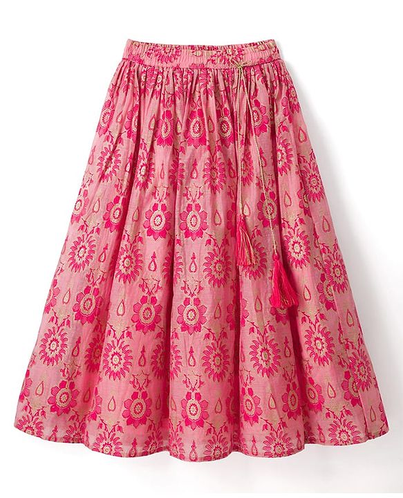 Pine Kids Woven Half Sleeves Floral Printed & Embroidered Choli Lehenga Set with Dupatta - Pink