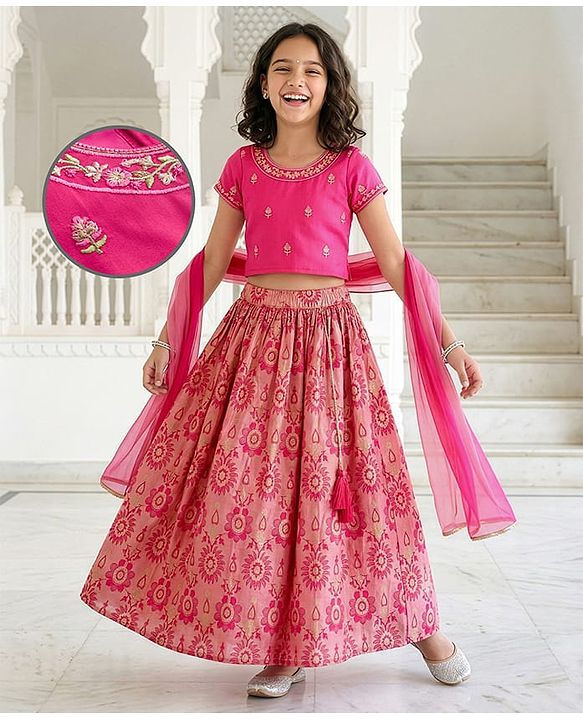 Pine Kids Woven Half Sleeves Floral Printed & Embroidered Choli Lehenga Set with Dupatta - Pink
