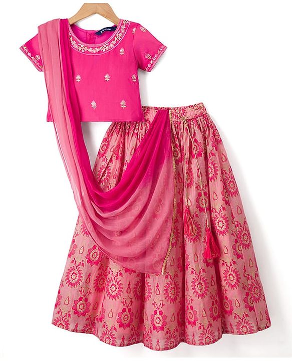 Pine Kids Woven Half Sleeves Floral Printed & Embroidered Choli Lehenga Set with Dupatta - Pink