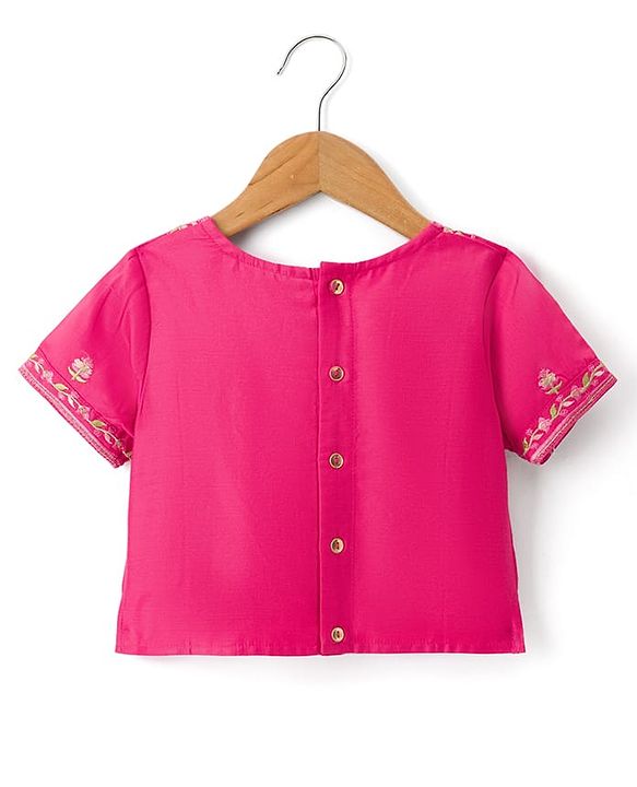 Pine Kids Woven Half Sleeves Floral Printed & Embroidered Choli Lehenga Set with Dupatta - Pink
