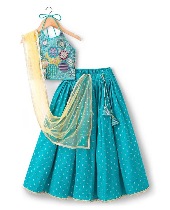 Pine Kids Woven Sleeveless Lehenga Choli Set With Sequin Detailing & Dupatta - Teal Blue