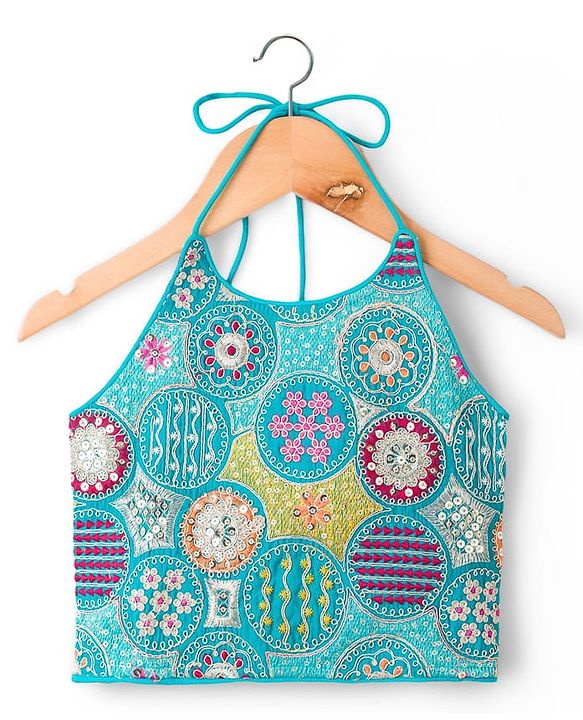 Pine Kids Woven Sleeveless Lehenga Choli Set With Sequin Detailing & Dupatta - Teal Blue