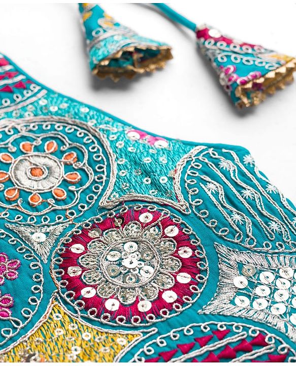 Pine Kids Woven Sleeveless Lehenga Choli Set With Sequin Detailing & Dupatta - Teal Blue