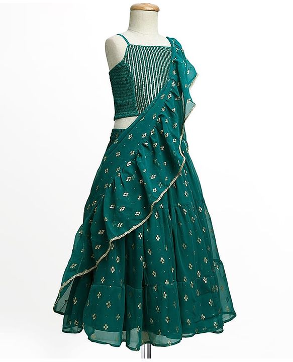 Pine Kids Woven Sleeveless Choli Lehenga Set with Dupatta Embroidery & Sequin Detailing - Teal Blue