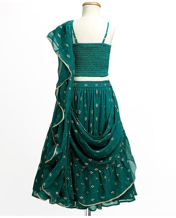 Pine Kids Woven Sleeveless Choli Lehenga Set with Dupatta Embroidery & Sequin Detailing - Teal Blue