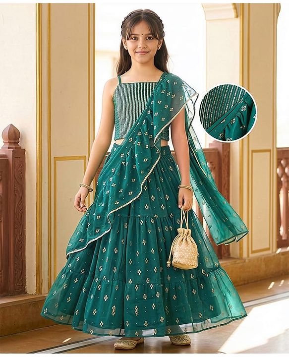 Pine Kids Woven Sleeveless Choli Lehenga Set with Dupatta Embroidery & Sequin Detailing - Teal Blue