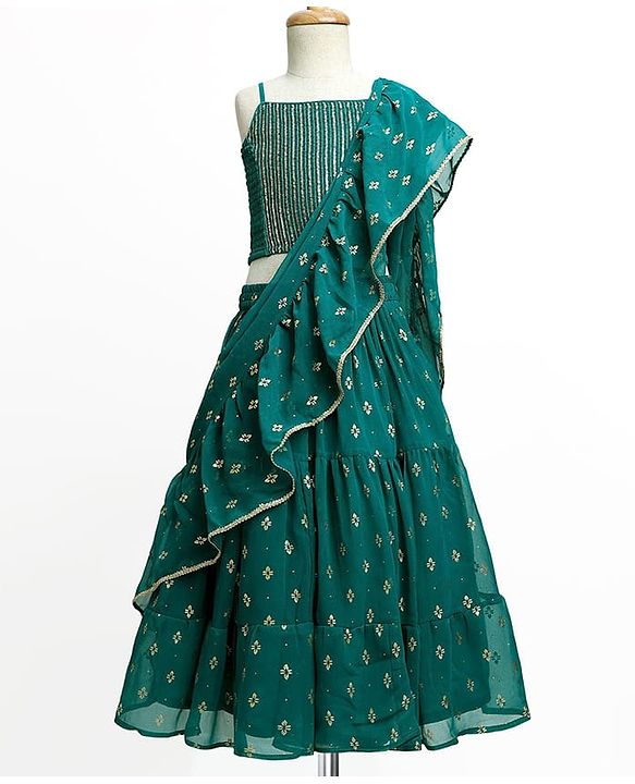 Pine Kids Woven Sleeveless Choli Lehenga Set with Dupatta Embroidery & Sequin Detailing - Teal Blue