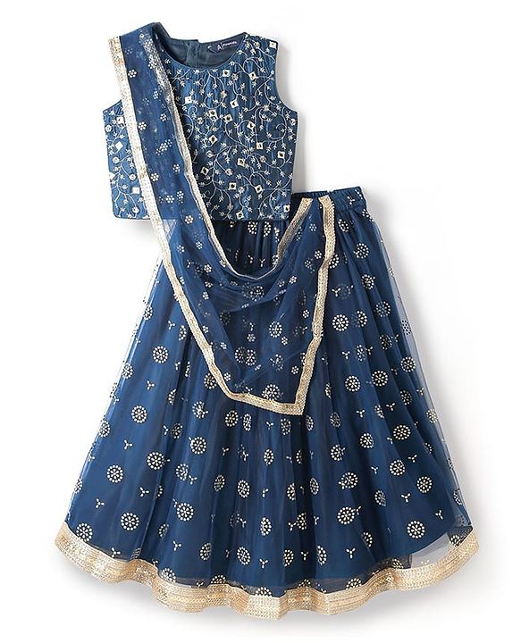 Pine Kids Woven Sleeveless Lehenga Choli Set With Floral Embroidery & Dupatta - Navy Blue