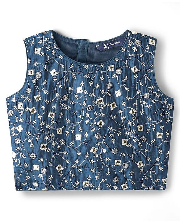 Pine Kids Woven Sleeveless Lehenga Choli Set With Floral Embroidery & Dupatta - Navy Blue