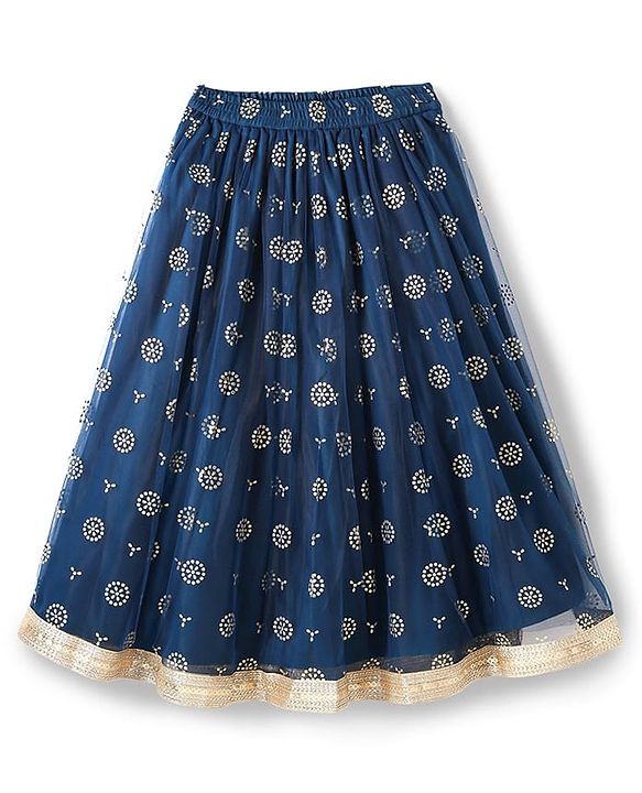 Pine Kids Woven Sleeveless Lehenga Choli Set With Floral Embroidery & Dupatta - Navy Blue