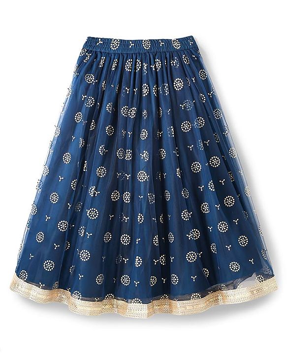 Pine Kids Woven Sleeveless Lehenga Choli Set With Floral Embroidery & Dupatta - Navy Blue