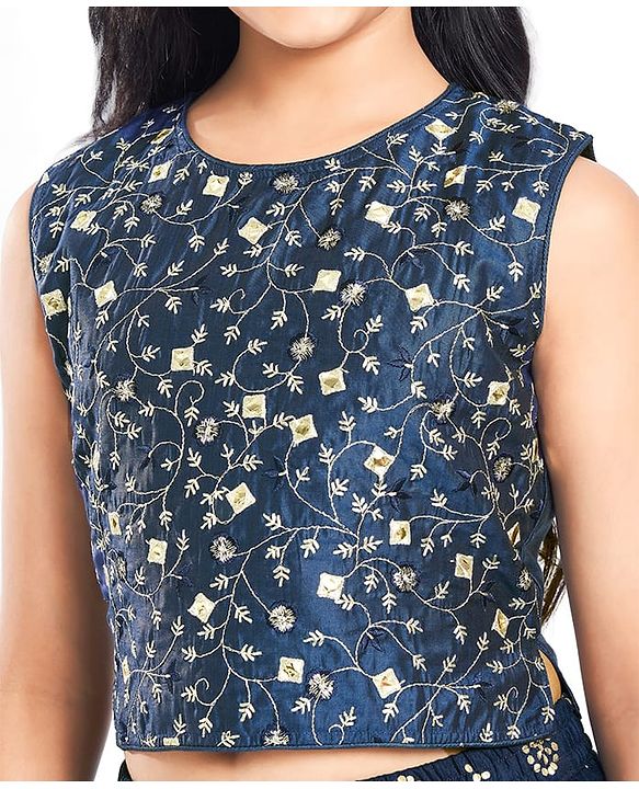 Pine Kids Woven Sleeveless Lehenga Choli Set With Floral Embroidery & Dupatta - Navy Blue