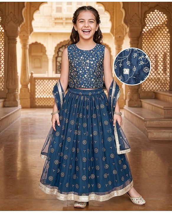Pine Kids Woven Sleeveless Lehenga Choli Set With Floral Embroidery & Dupatta - Navy Blue