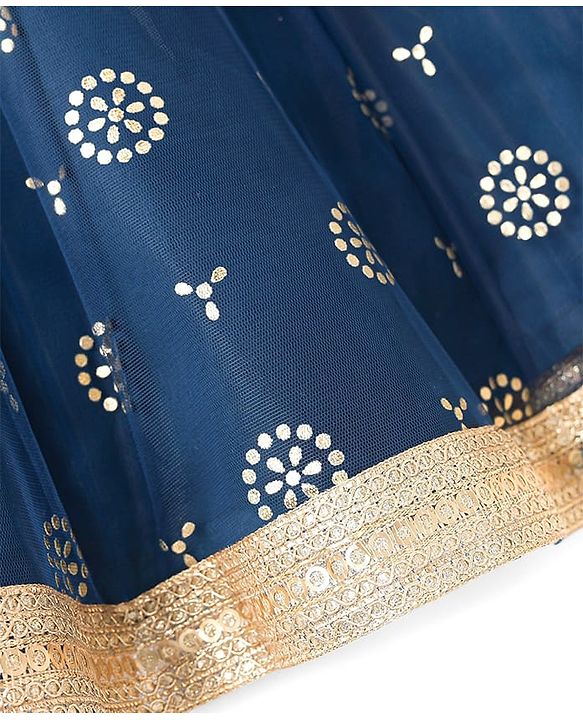 Pine Kids Woven Sleeveless Lehenga Choli Set With Floral Embroidery & Dupatta - Navy Blue