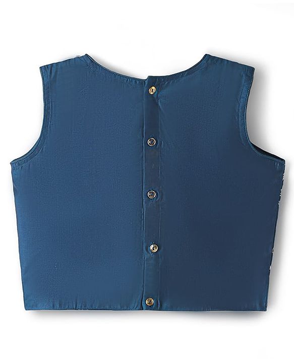 Pine Kids Woven Sleeveless Lehenga Choli Set With Floral Embroidery & Dupatta - Navy Blue