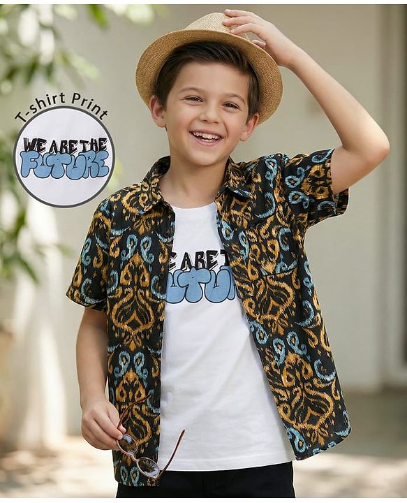 Pine Kids Viscose Woven Half Sleeves Printed Shirt With Tank T-Shirt - Multicolour