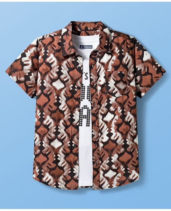 Pine Kids Woven Half Sleeves Printed Shirt With Inner Tee - Multicolor