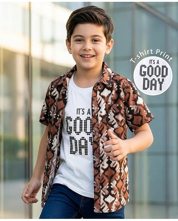 Pine Kids Woven Half Sleeves Printed Shirt With Inner Tee - Multicolor