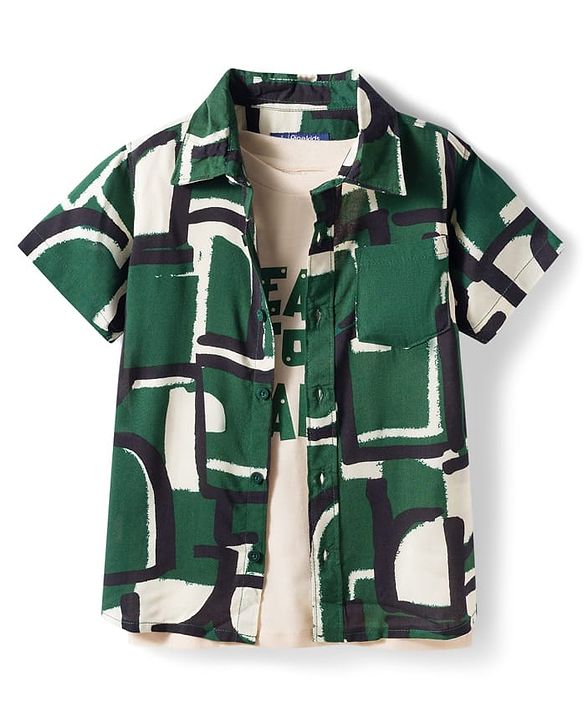 Pine Kids Woven Half Sleeves Abstract Printed Shirt With Inner Tee - Green & Off White